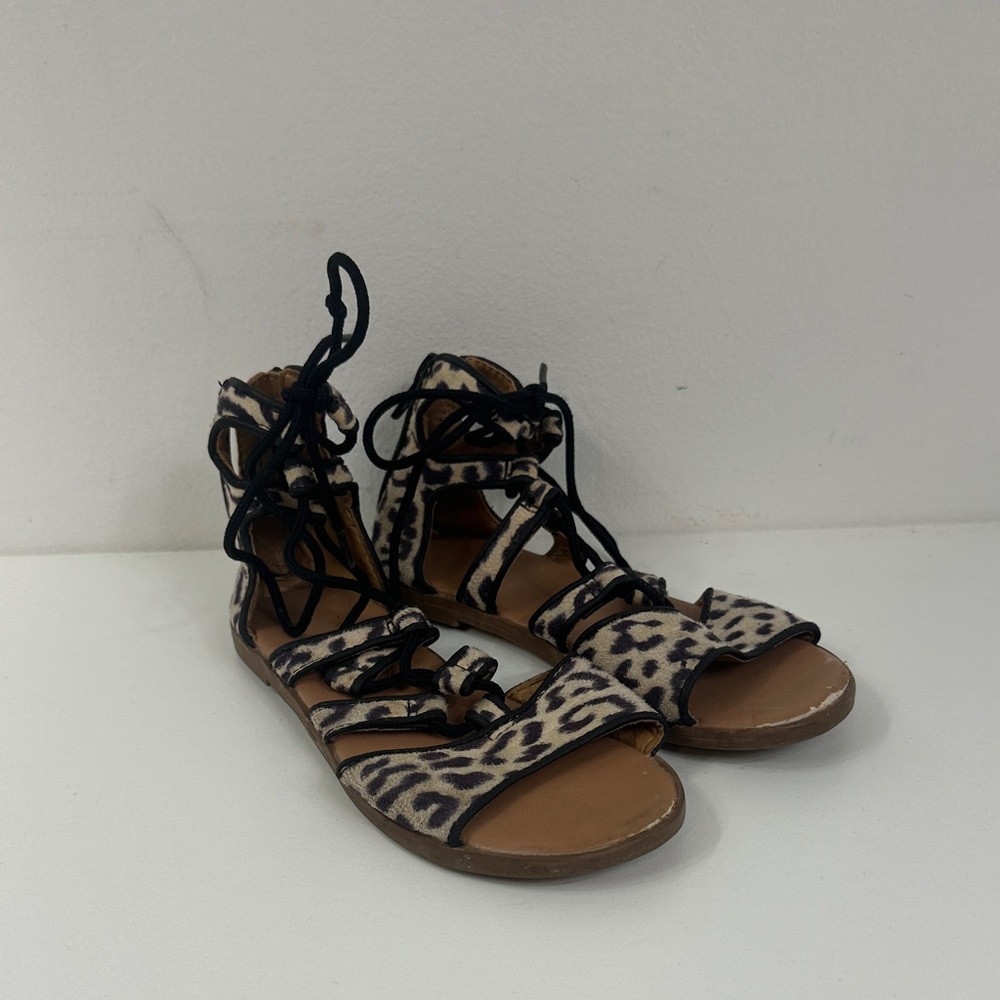 OLD NAVY Leopard Print Girls Kids Sandals size 11 lace up strappy beach summer